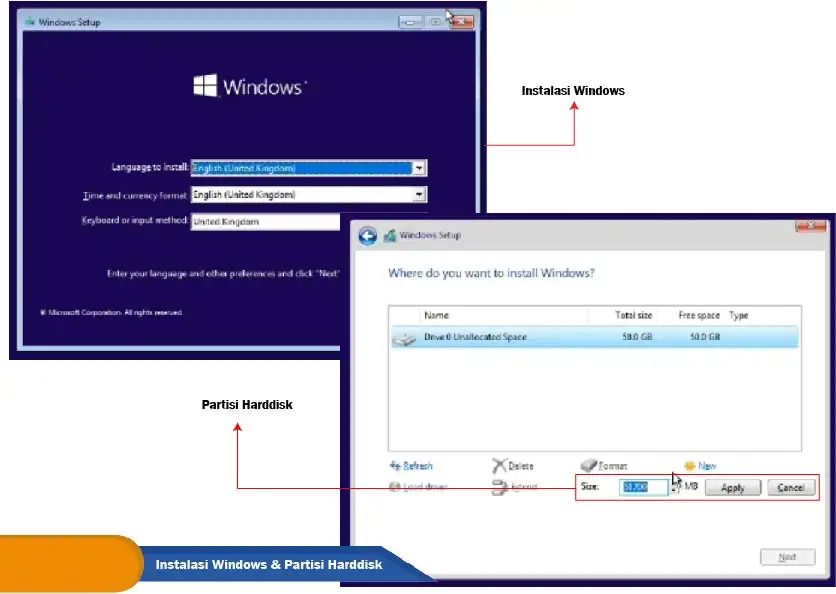 Instalasi Windows dan Partisi Proses instalasi sistem operasi Windows sekaligus membuat dan mengatur partisi penyimpanan pada komputer.