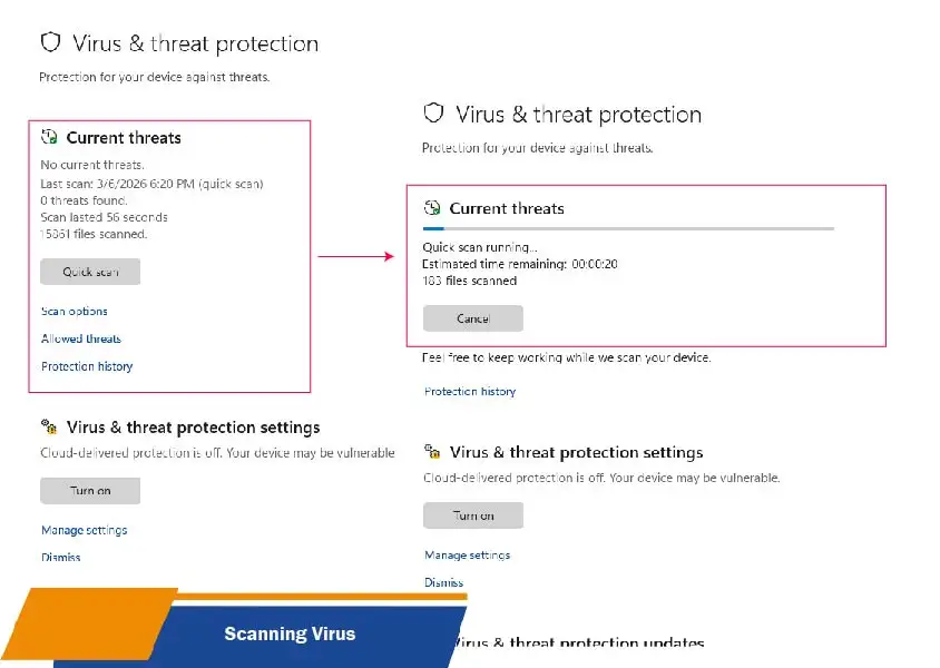 Scan Virus Komputer Proses pemeriksaan komputer untuk mendeteksi dan membersihkan virus atau malware.
