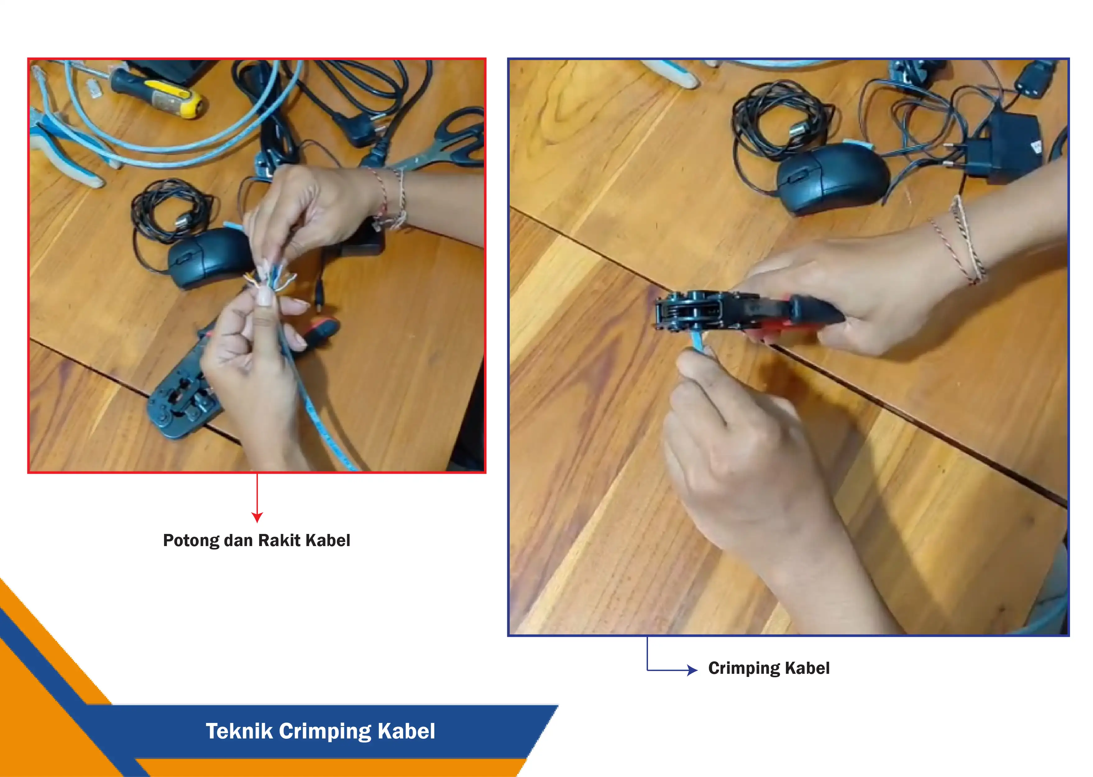 Crimping Kabel Jaringan Proses pemasangan konektor RJ45 pada kabel LAN menggunakan alat crimping.